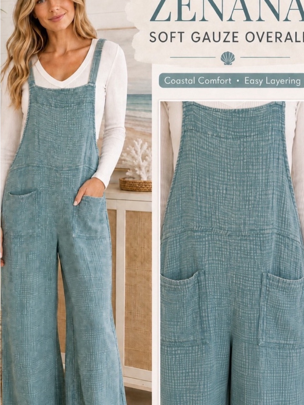 Zenana Outfitters Women's Soft Gauze Overalls - Teal Blue